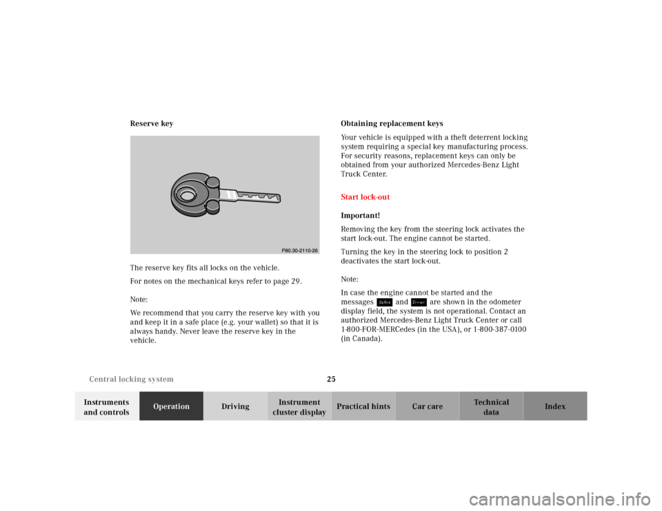 MERCEDES-BENZ ML430 2001 W163 Owners Guide 25 Central locking system
Te ch n ica l
data Instruments 
and controlsOperationDrivingInstrument 
cluster displayPractical hints Car care Index Reserve key
The reserve key fits all locks on the vehicl