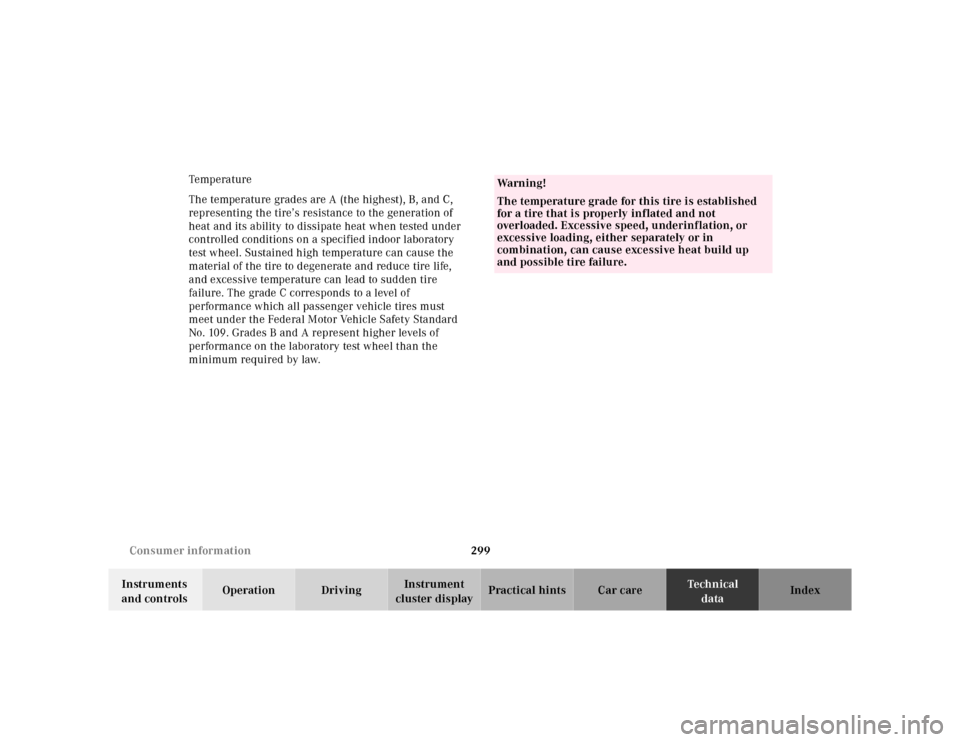 MERCEDES-BENZ ML55AMG 2001 W163 Owners Manual 299 Consumer information
Te ch n ica l
data Instruments 
and controlsOperation DrivingInstrument 
cluster displayPractical hints Car care Index Temp era tur e
The temperature grades are A (the highest