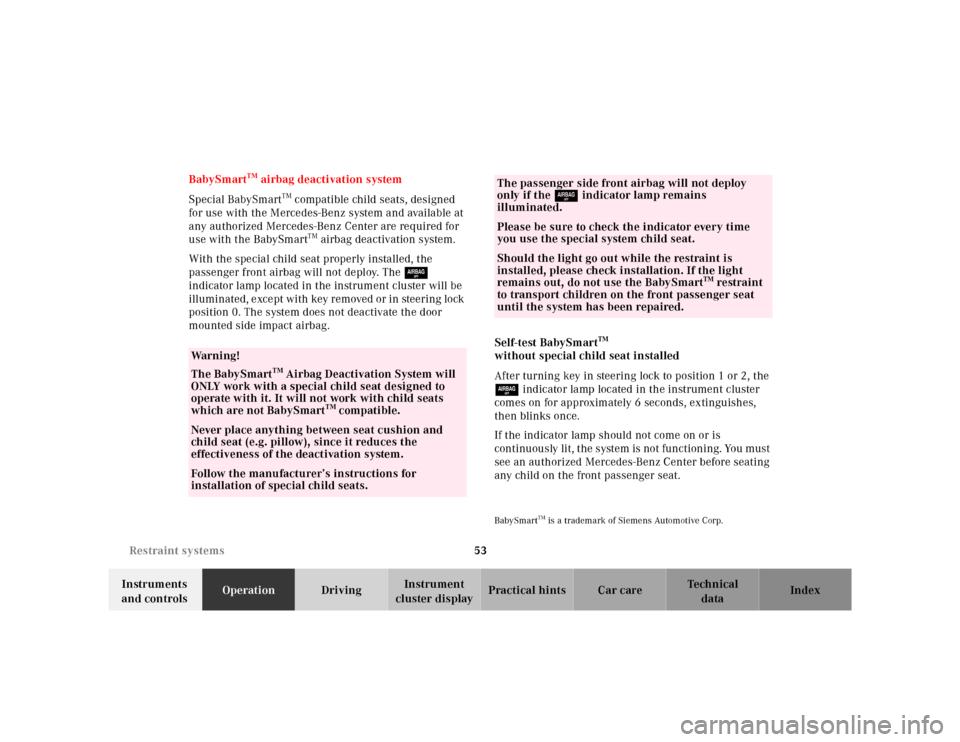 MERCEDES-BENZ ML55AMG 2001 W163 Owners Manual 53 Restraint systems
Te ch n ica l
data Instruments 
and controlsOperationDrivingInstrument 
cluster displayPractical hints Car care Index BabySmart
TM airbag deactivation system
Special BabySmart
TM 