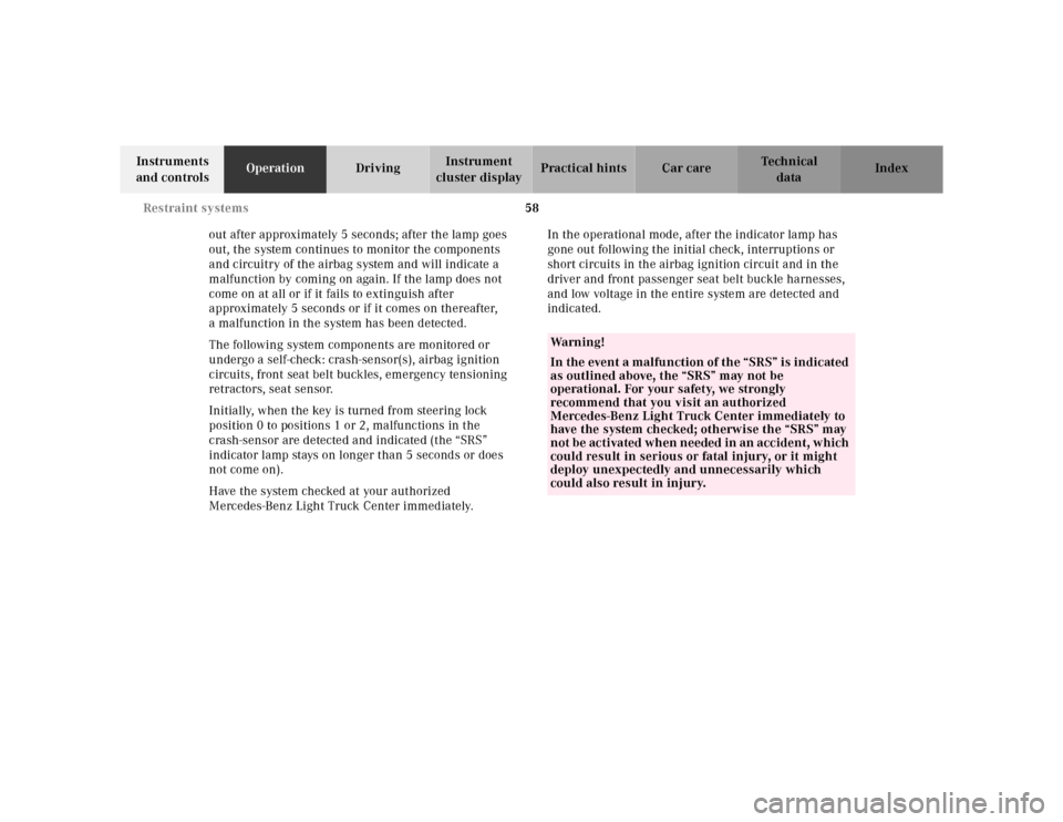 MERCEDES-BENZ ML430 2001 W163 Repair Manual 58 Restraint systems
Te ch n ica l
data Instruments 
and controlsOperationDrivingInstrument 
cluster displayPractical hints Car care Index
out after approximately 5 seconds; after the lamp goes 
out, 