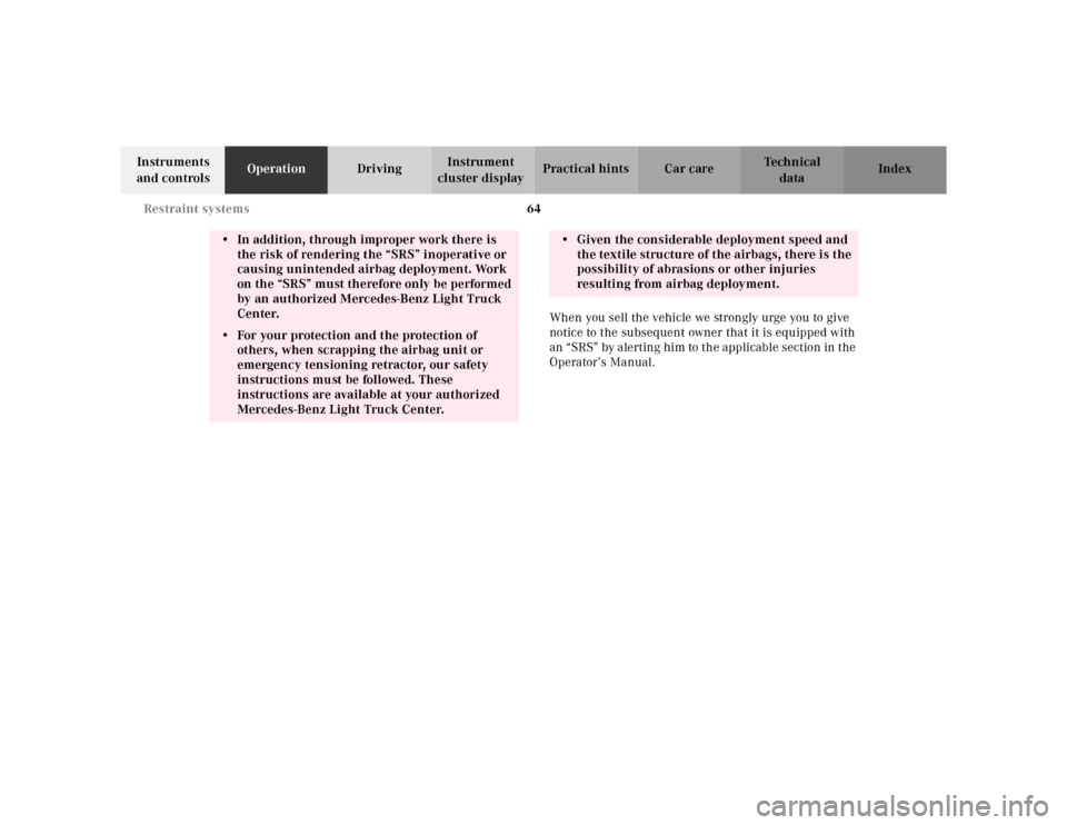 MERCEDES-BENZ ML430 2001 W163 Repair Manual 64 Restraint systems
Te ch n ica l
data Instruments 
and controlsOperationDrivingInstrument 
cluster displayPractical hints Car care Index
When you sell the vehicle we strongly urge you to give 
notic