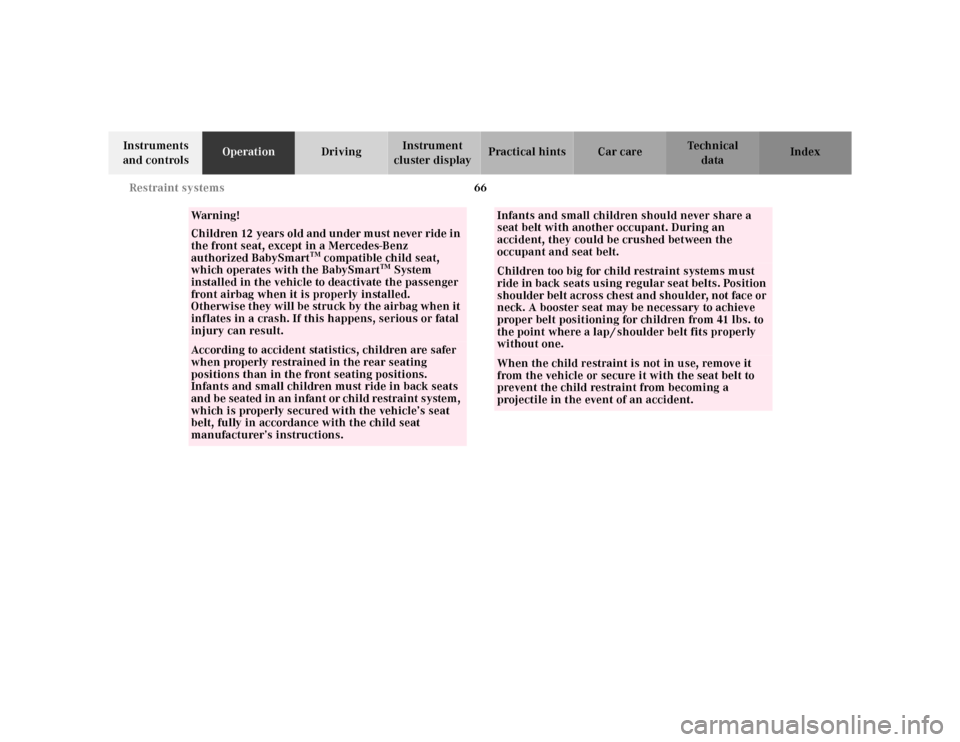 MERCEDES-BENZ ML430 2001 W163 Repair Manual 66 Restraint systems
Te ch n ica l
data Instruments 
and controlsOperationDrivingInstrument 
cluster displayPractical hints Car care Index
Wa r n i n g !
Children 12 years old and under must never rid