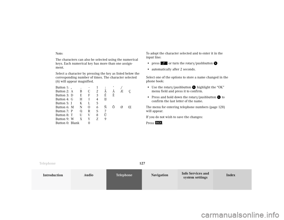 MERCEDES-BENZ S-Class 2001 W220 Comand Manual Telephone
Introduction
AudioTelephone
Navigation
Index Info Services and
system settings Telephone127To adopt the character selected and to enter it in the
input line:
• press 
 or turn the rotary/p