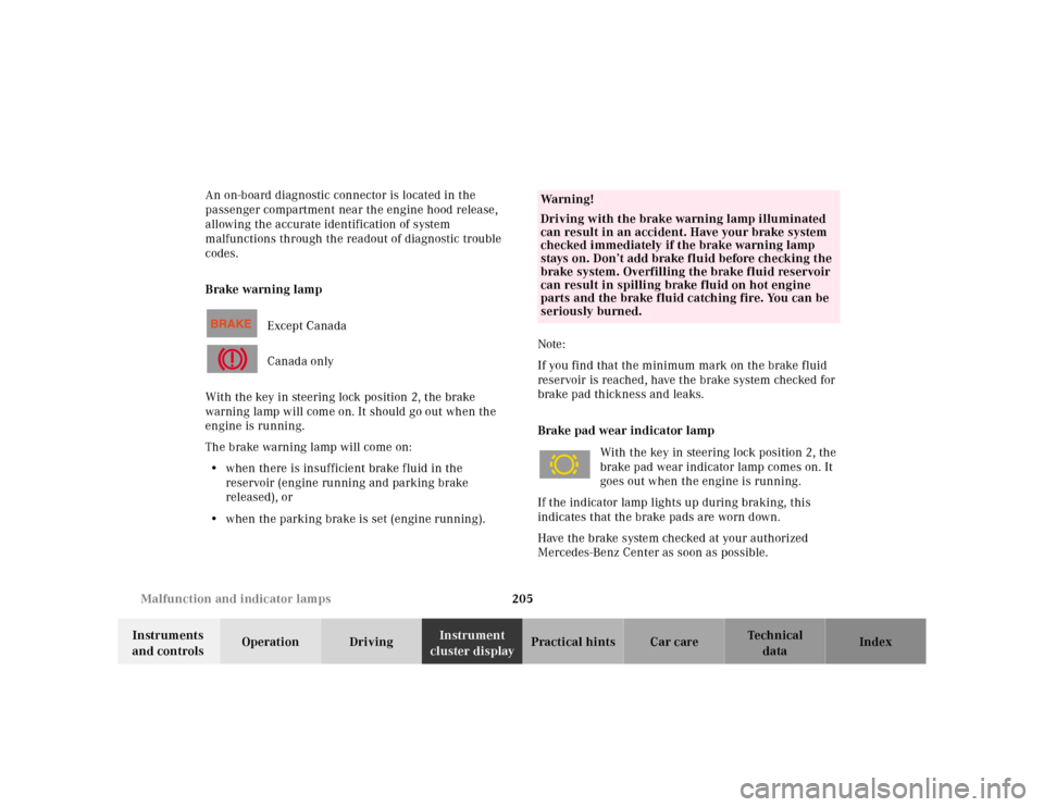 MERCEDES-BENZ SL-Class 2001 R129 Owners Manual 205 Malfunction and indicator lamps
Te ch n ica l
data Instruments 
and controlsOperation DrivingInstrument 
cluster displayPractical hints Car care Index An on-board diagnostic connector is located i