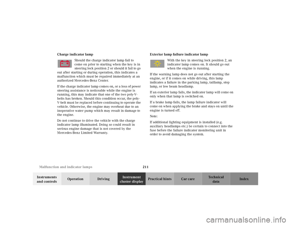 MERCEDES-BENZ SL-Class 2001 R129 User Guide 211 Malfunction and indicator lamps
Te ch n ica l
data Instruments 
and controlsOperation DrivingInstrument 
cluster displayPractical hints Car care Index Charge indicator lamp
Should the charge indic