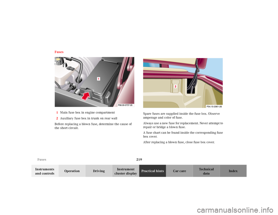 MERCEDES-BENZ SL-Class 2001 R129 Service Manual 219 Fuses
Te ch n ica l
data Instruments 
and controlsOperation DrivingInstrument 
cluster displayPractical hintsCar care Index Fuses
1Main fuse box in engine compartment
2Auxiliary fuse box in trunk 
