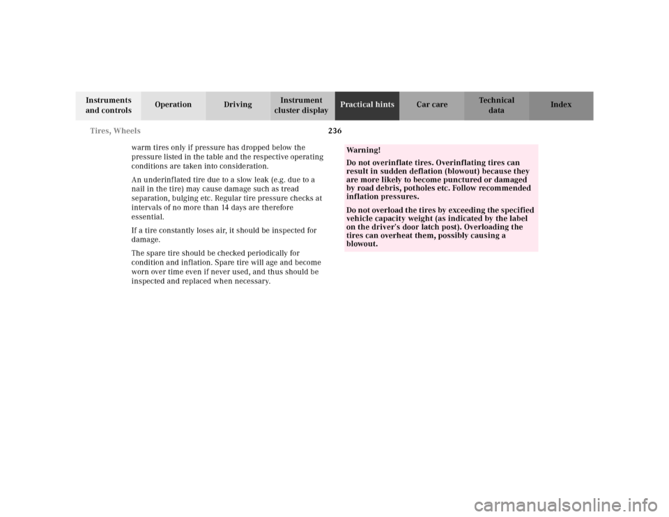 MERCEDES-BENZ SL-Class 2001 R129 Workshop Manual 236 Tires, Wheels
Te ch n ica l
data Instruments 
and controlsOperation DrivingInstrument 
cluster displayPractical hintsCar care Index
warm tires only if pressure has dropped below the 
pressure list
