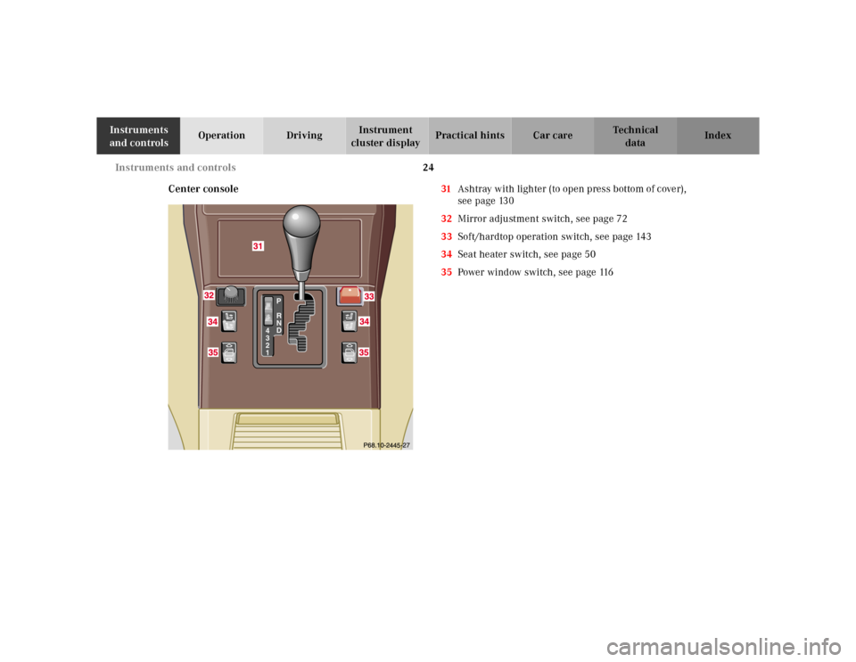 MERCEDES-BENZ SL-Class 2001 R129 Owners Guide 24 Instruments and controls
Te ch n ica l
data Instruments 
and controlsOperation DrivingInstrument 
cluster displayPractical hints Car care Index
Center console31Ashtray with lighter (to open press b