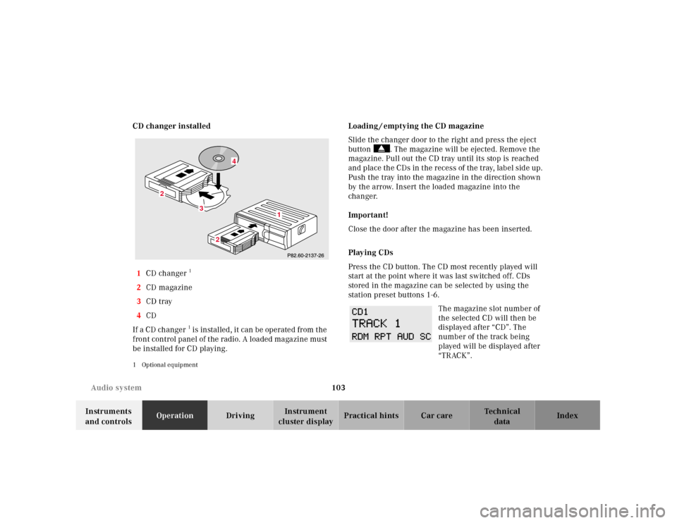 MERCEDES-BENZ SLK-Class 2001 R170 Owners Manual 103 Audio system
Te ch n ica l
data Instruments 
and controlsOperationDrivingInstrument 
cluster displayPractical hints Car care Index CD changer installed
1CD changer
1 
2CD magazine
3CD tray
4CD
If 