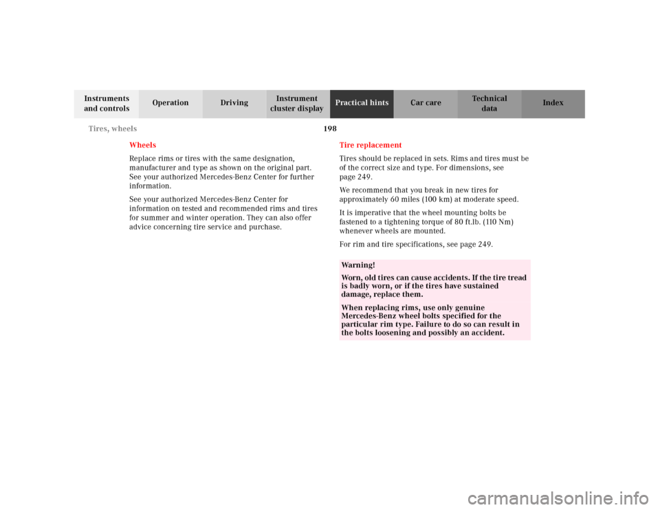 MERCEDES-BENZ SLK-Class 2001 R170 Owners Manual 198 Tires, wheels
Te ch n ica l
data Instruments 
and controlsOperation DrivingInstrument 
cluster displayPractical hintsCar care Index
Wheels
Replace rims or tires with the same designation, 
manufac