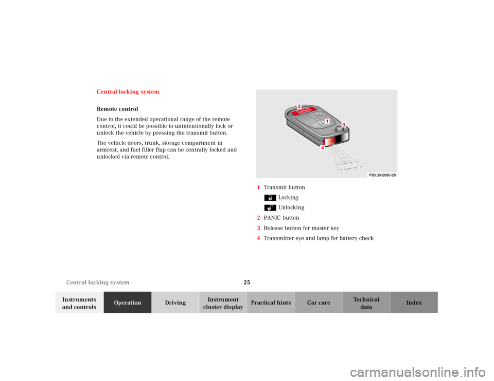 MERCEDES-BENZ SLK-Class 2001 R170 Owners Guide 25 Central locking system
Te ch n ica l
data Instruments
and controlsOperationDrivingInstrument
cluster displayPractical hints Car care Index Central locking system
Remote control
Due to the extende MERCEDES-BENZ SLK-Class 2001 R170 Owners Guide 25 Central locking system
Te ch n ica l
data Instruments
and controlsOperationDrivingInstrument
cluster displayPractical hints Car care Index Central locking system
Remote control
Due to the extende
