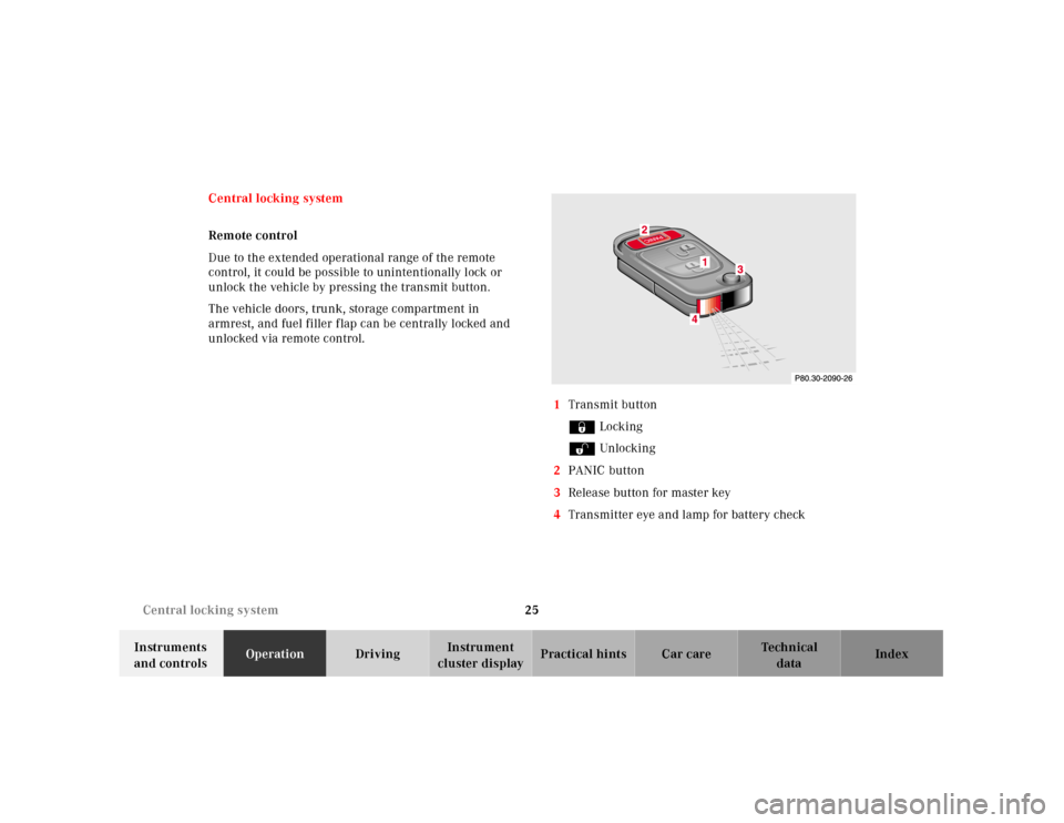 MERCEDES-BENZ SLK-Class 2001 R170 Owners Manual 25 Central locking system
Te ch n ica l
data Instruments 
and controlsOperationDrivingInstrument 
cluster displayPractical hints Car care Index Central locking system
Remote control
Due to the extende