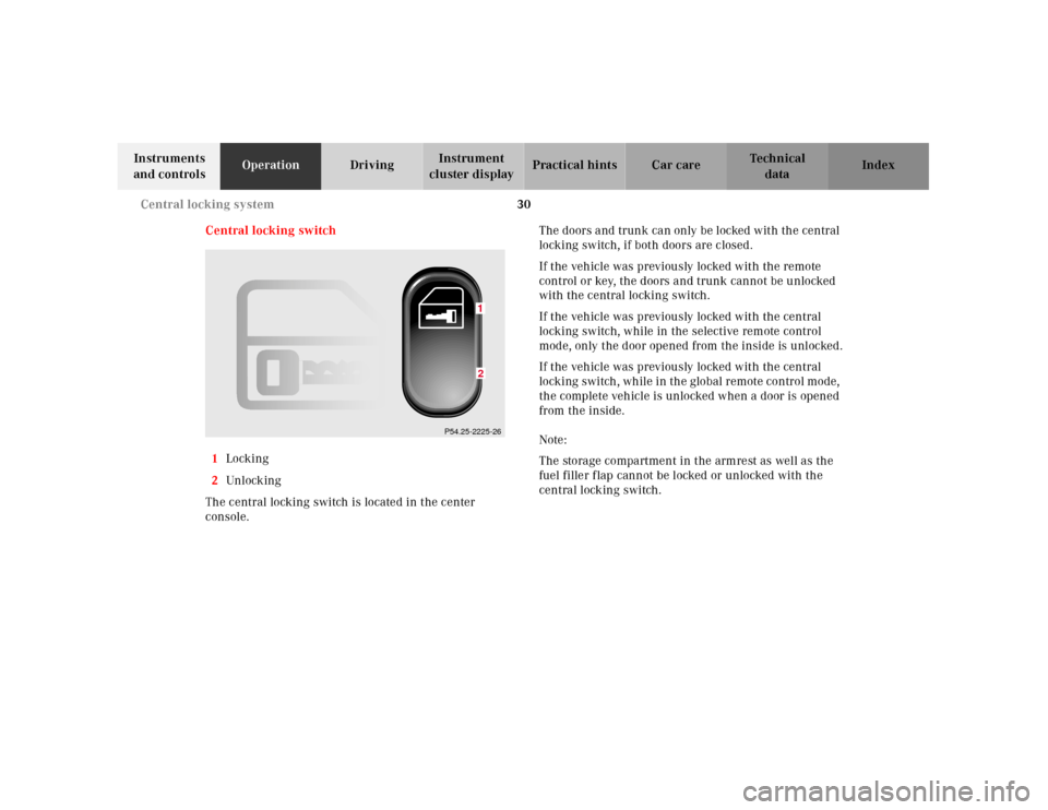 MERCEDES-BENZ SLK-Class 2001 R170 Owners Guide 30 Central locking system
Te ch n ica l
data Instruments
and controlsOperationDrivingInstrument
cluster displayPractical hints Car care Index
Central locking switch
1Locking
2Unl ock ing
The central MERCEDES-BENZ SLK-Class 2001 R170 Owners Guide 30 Central locking system
Te ch n ica l
data Instruments
and controlsOperationDrivingInstrument
cluster displayPractical hints Car care Index
Central locking switch
1Locking
2Unl ock ing
The central