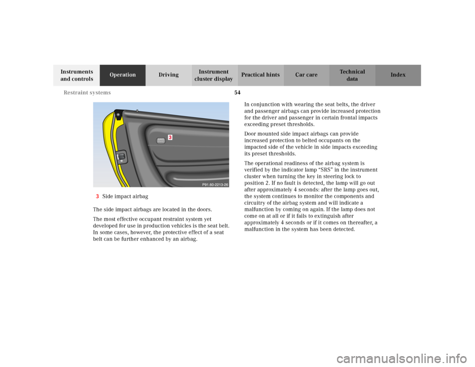 MERCEDES-BENZ SLK-Class 2001 R170 Workshop Manual 54 Restraint systems
Te ch n ica l
data Instruments
and controlsOperationDrivingInstrument
cluster displayPractical hints Car care Index
3Side impact airbag
The side impact airbags are located in th MERCEDES-BENZ SLK-Class 2001 R170 Workshop Manual 54 Restraint systems
Te ch n ica l
data Instruments
and controlsOperationDrivingInstrument
cluster displayPractical hints Car care Index
3Side impact airbag
The side impact airbags are located in th