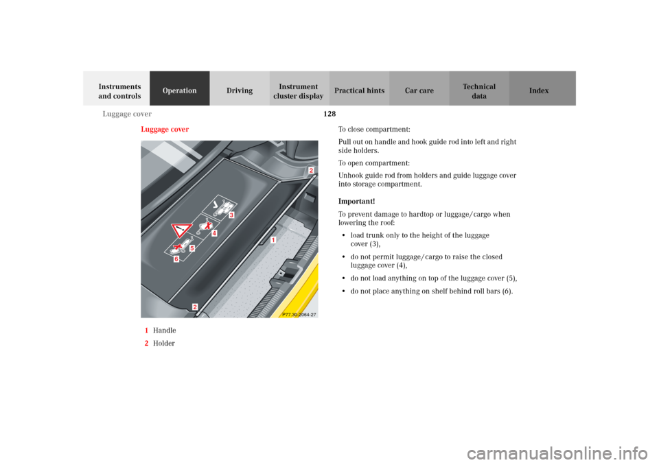 MERCEDES-BENZ SLK 230 KOMPRESSOR 2002 R170 Owners Manual 128 Luggage cover
Te ch n i c a l
data Instruments 
and controlsOperationDrivingInstrument 
cluster displayPractical hints Car care Index
Luggage cover
1Handle
2HolderTo  c l o s e  c o mp a r t m e n