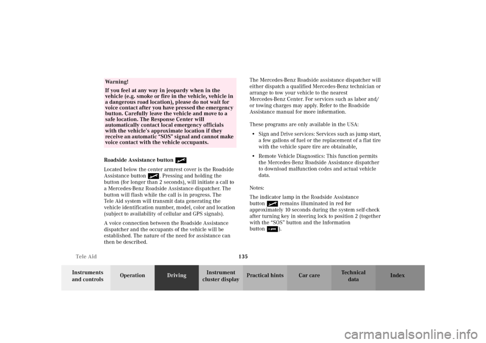 MERCEDES-BENZ SLK 230 KOMPRESSOR 2002 R170 Owners Manual 135 Tele Aid
Te ch n i c a l
data Instruments 
and controlsOperationDrivingInstrument 
cluster displayPractical hints Car care Index Roadside Assistance button •
Located below the center armrest cov