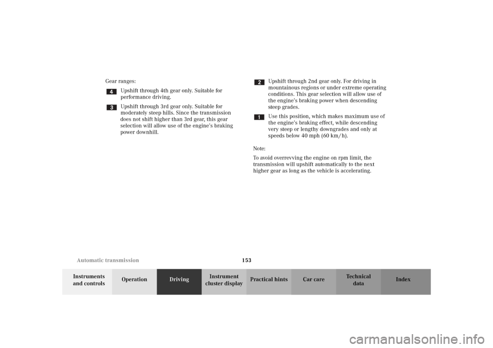MERCEDES-BENZ SLK 230 KOMPRESSOR 2002 R170 Owners Manual 153 Automatic transmission
Te ch n i c a l
data Instruments 
and controlsOperationDrivingInstrument 
cluster displayPractical hints Car care Index Gear ranges:
Upshift through 4th gear only. Suitable 
