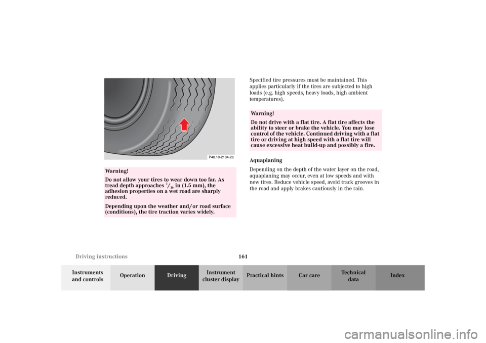 MERCEDES-BENZ SLK 230 KOMPRESSOR 2002 R170 Owners Manual 161 Driving instructions
Te ch n i c a l
data Instruments 
and controlsOperationDrivingInstrument 
cluster displayPractical hints Car care IndexSpecified tire pressures must be maintained. This 
appli