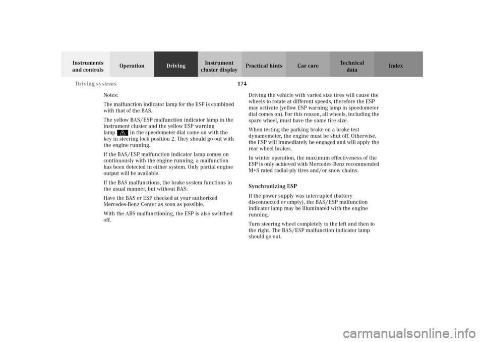 MERCEDES-BENZ SLK32AMG 2002 R170 Owners Manual 174 Driving systems
Te ch n i c a l
data Instruments 
and controlsOperationDrivingInstrument 
cluster displayPractical hints Car care Index
Notes:
The malfunction indicator lamp for the ESP is combine
