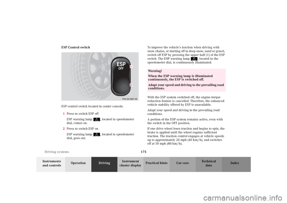 MERCEDES-BENZ SLK32AMG 2002 R170 Owners Manual 175 Driving systems
Te ch n i c a l
data Instruments 
and controlsOperationDrivingInstrument 
cluster displayPractical hints Car care Index ESP Control switch
ESP control switch located in center cons