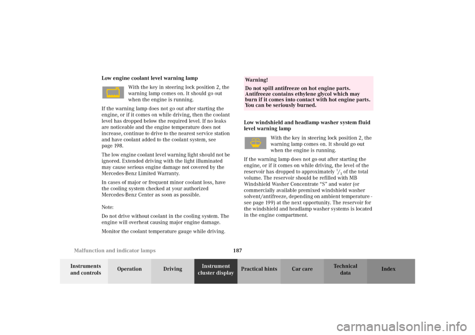 MERCEDES-BENZ SLK 230 KOMPRESSOR 2002 R170 Owners Manual 187 Malfunction and indicator lamps
Te ch n i c a l
data Instruments 
and controlsOperation DrivingInstrument 
cluster displayPractical hints Car care Index Low engine coolant level warning lamp
With 