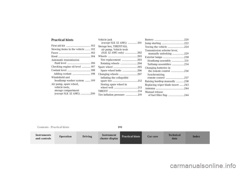 MERCEDES-BENZ SLK32AMG 2002 R170 Owners Manual 191 Contents - Practical hints
Te ch n i c a l
data Instruments 
and controlsOperation DrivingInstrument 
cluster displayPractical hintsCar care Index
Practical hintsFirst aid kit  ...................