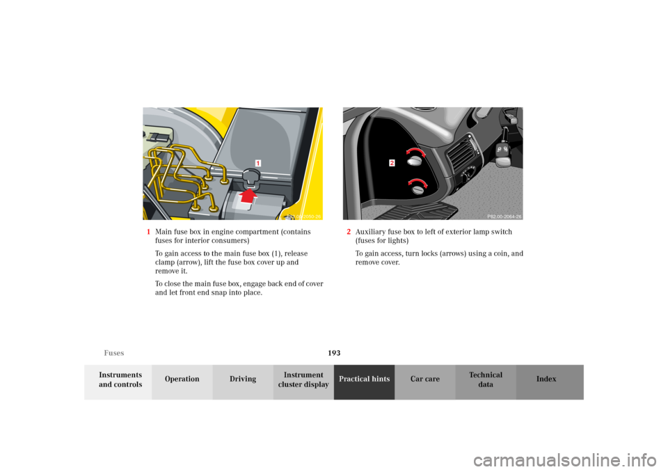 MERCEDES-BENZ SLK320 2002 R170 Owners Manual 193 Fuses
Te ch n i c a l
data Instruments 
and controlsOperation DrivingInstrument 
cluster displayPractical hintsCar care Index 1Main fuse box in engine compartment (contains 
fuses for interior con