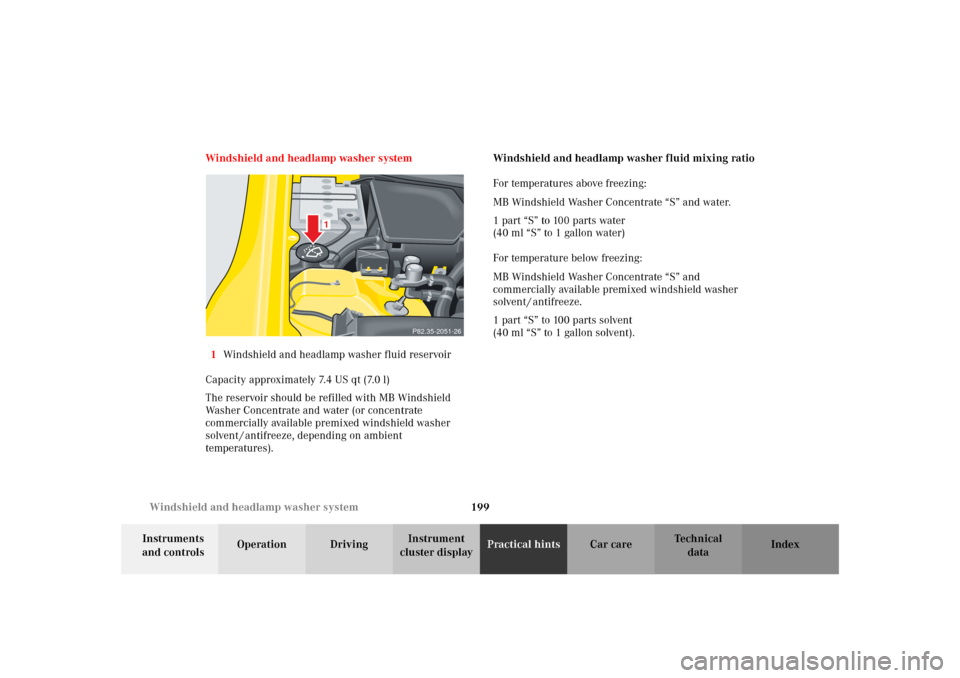 MERCEDES-BENZ SLK 230 KOMPRESSOR 2002 R170 Owners Manual 199 Windshield and headlamp washer system
Te ch n i c a l
data Instruments 
and controlsOperation DrivingInstrument 
cluster displayPractical hintsCar care Index Windshield and headlamp washer system
