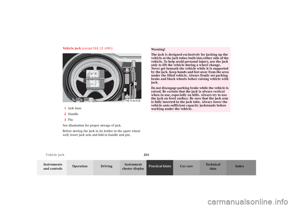 MERCEDES-BENZ SLK32AMG 2002 R170 Owners Manual 201 Vehicle jack
Te ch n i c a l
data Instruments 
and controlsOperation DrivingInstrument 
cluster displayPractical hintsCar care Index Ve h i c l e  j a c k  (except SLK 32 AMG)
1Jack base
2Handle
3