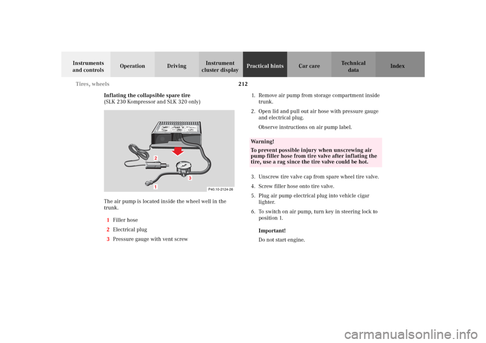 MERCEDES-BENZ SLK 230 KOMPRESSOR 2002 R170 Owners Manual 212 Tires, wheels
Te ch n i c a l
data Instruments 
and controlsOperation DrivingInstrument 
cluster displayPractical hintsCar care Index
Inflating the collapsible spare tire 
(SLK 230 Kompressor and 