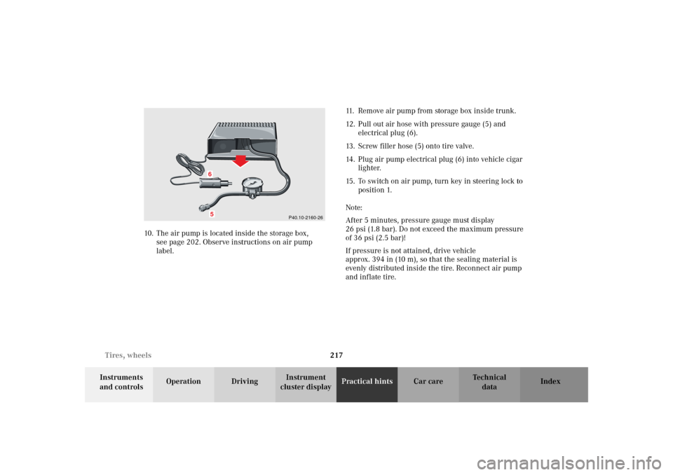 MERCEDES-BENZ SLK 230 KOMPRESSOR 2002 R170 Owners Manual 217 Tires, wheels
Te ch n i c a l
data Instruments 
and controlsOperation DrivingInstrument 
cluster displayPractical hintsCar care Index 10. The air pump is located inside the storage box, 
see page 