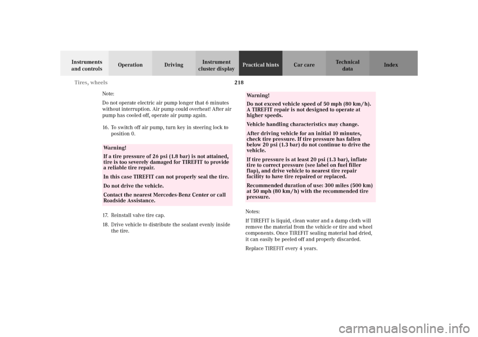 MERCEDES-BENZ SLK32AMG 2002 R170 Owners Manual 218 Tires, wheels
Te ch n i c a l
data Instruments 
and controlsOperation DrivingInstrument 
cluster displayPractical hintsCar care Index
Note:
Do not operate electric air pump longer that 6 minutes 
