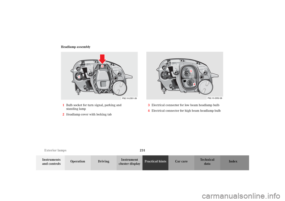 MERCEDES-BENZ SLK320 2002 R170 Owners Manual 231 Exterior lamps
Te ch n i c a l
data Instruments 
and controlsOperation DrivingInstrument 
cluster displayPractical hintsCar care Index Headlamp assembly
1Bulb socket for turn signal, parking and 
