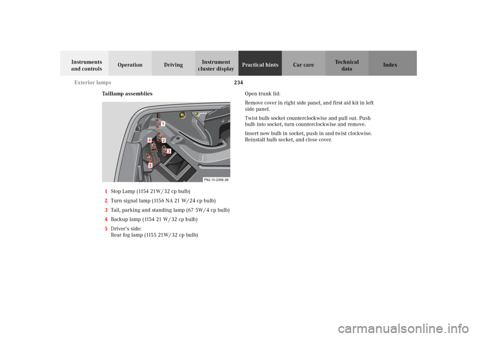 MERCEDES-BENZ SLK32AMG 2002 R170 Owners Manual 234 Exterior lamps
Te ch n i c a l
data Instruments 
and controlsOperation DrivingInstrument 
cluster displayPractical hintsCar care Index
Taillamp assemblies
1Stop Lamp (1154 21W / 32 cp bulb)
2Turn 