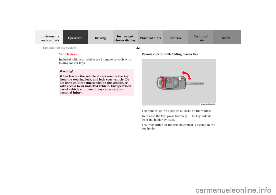 MERCEDES-BENZ SLK320 2002 R170 Owners Guide 22 Central locking system
Te ch n i c a l
data Instruments
and controlsOperationDrivingInstrument
cluster displayPractical hints Car care Index
Ve h i c l e k e y s
Included with your vehicle are 2 MERCEDES-BENZ SLK320 2002 R170 Owners Guide 22 Central locking system
Te ch n i c a l
data Instruments
and controlsOperationDrivingInstrument
cluster displayPractical hints Car care Index
Ve h i c l e k e y s
Included with your vehicle are 2