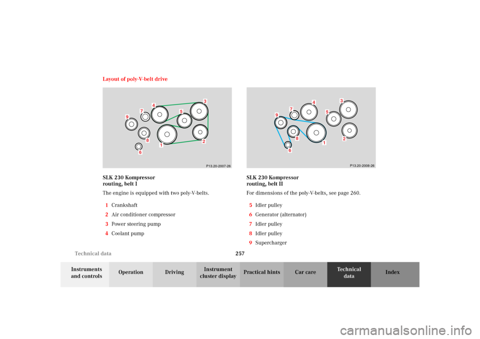 MERCEDES-BENZ SLK32AMG 2002 R170 Owners Manual 257 Technical data
Te ch n i c a l
data Instruments 
and controlsOperation DrivingInstrument 
cluster displayPractical hints Car care Index Layout of poly-V-belt drive
SLK 230 Kompressor 
routing, bel
