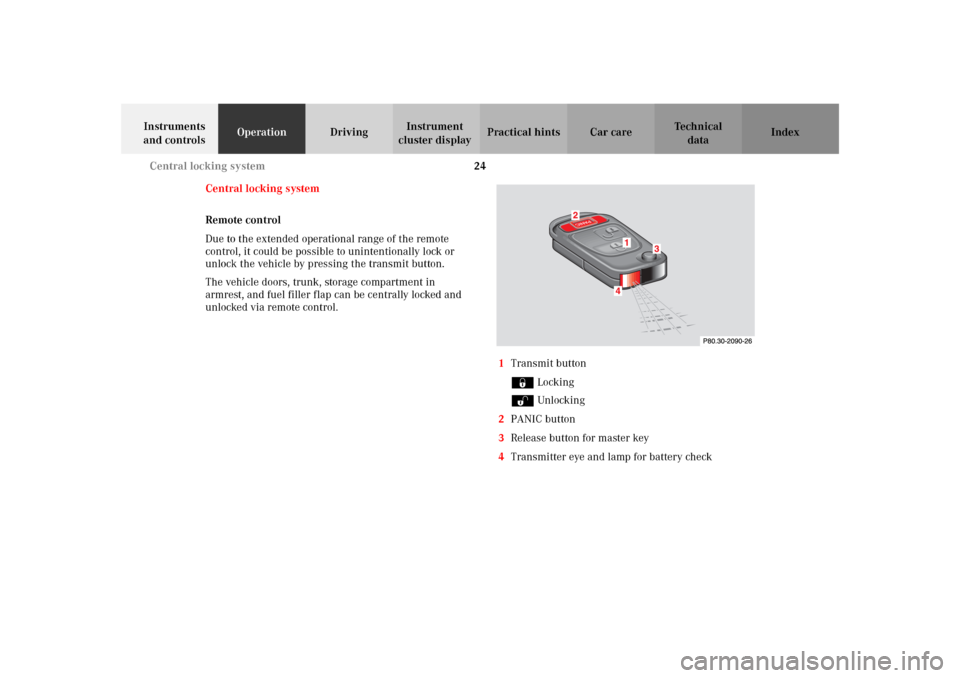 MERCEDES-BENZ SLK320 2002 R170 Owners Manual 24 Central locking system
Te ch n i c a l
data Instruments 
and controlsOperationDrivingInstrument 
cluster displayPractical hints Car care Index
Central locking system
Remote control
Due to the exten
