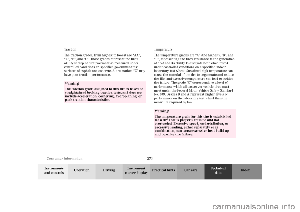 MERCEDES-BENZ SLK 230 KOMPRESSOR 2002 R170 User Guide 273 Consumer information
Te ch n i c a l
data Instruments 
and controlsOperation DrivingInstrument 
cluster displayPractical hints Car care Index Traction
The traction grades, from highest to lowest a
