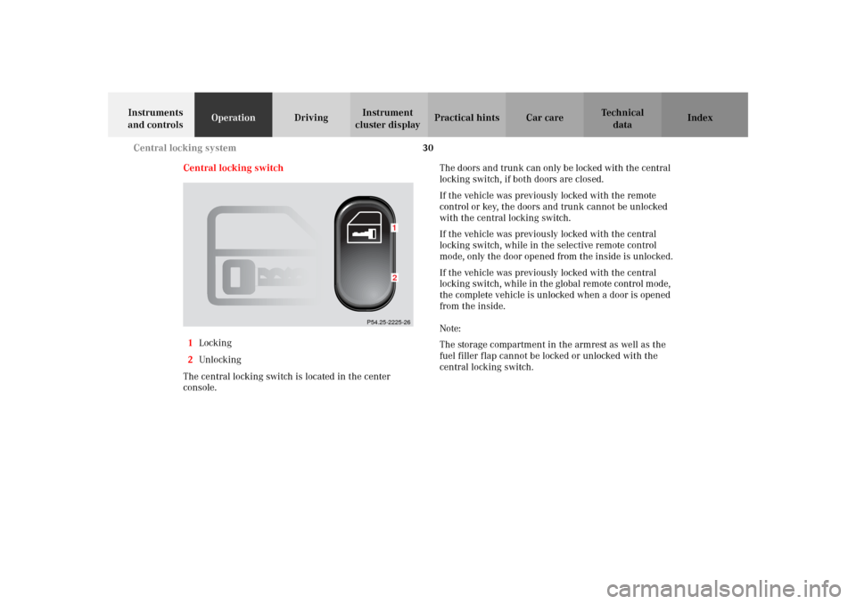 MERCEDES-BENZ SLK320 2002 R170 Owners Guide 30 Central locking system
Te ch n i c a l
data Instruments
and controlsOperationDrivingInstrument
cluster displayPractical hints Car care Index
Central locking switch
1Locking
2Unlocking
The central MERCEDES-BENZ SLK320 2002 R170 Owners Guide 30 Central locking system
Te ch n i c a l
data Instruments
and controlsOperationDrivingInstrument
cluster displayPractical hints Car care Index
Central locking switch
1Locking
2Unlocking
The central