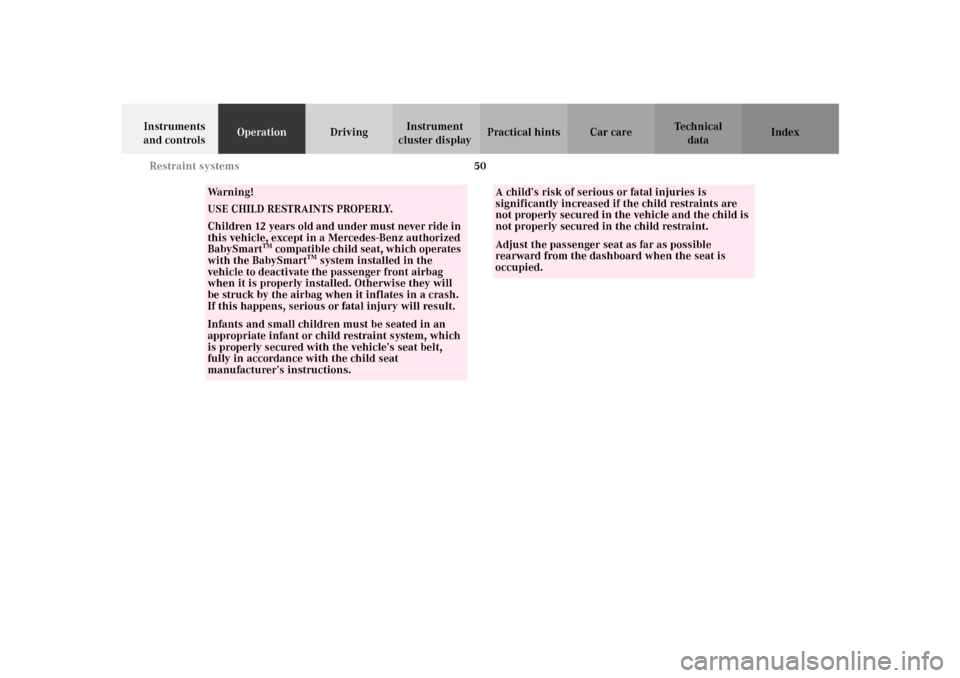 MERCEDES-BENZ SLK 230 KOMPRESSOR 2002 R170 Owners Manual 50 Restraint systems
Te ch n i c a l
data Instruments 
and controlsOperationDrivingInstrument 
cluster displayPractical hints Car care Index
Wa r n i n g !
USE CHILD RESTRAINTS PROPERLY.
Children 12 y