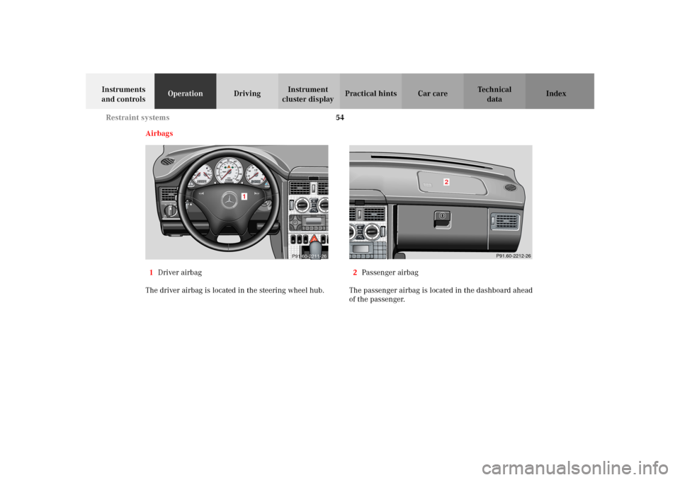 MERCEDES-BENZ SLK320 2002 R170 Workshop Manual 54 Restraint systems
Te ch n i c a l
data Instruments
and controlsOperationDrivingInstrument
cluster displayPractical hints Car care Index
Airbags
1Driver airbag
The driver airbag is located in the MERCEDES-BENZ SLK320 2002 R170 Workshop Manual 54 Restraint systems
Te ch n i c a l
data Instruments
and controlsOperationDrivingInstrument
cluster displayPractical hints Car care Index
Airbags
1Driver airbag
The driver airbag is located in the