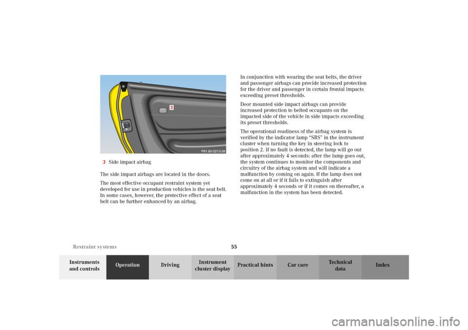 MERCEDES-BENZ SLK320 2002 R170 Workshop Manual 55 Restraint systems
Te ch n i c a l
data Instruments
and controlsOperationDrivingInstrument
cluster displayPractical hints Car care Index 3Side impact airbag
The side impact airbags are located in MERCEDES-BENZ SLK320 2002 R170 Workshop Manual 55 Restraint systems
Te ch n i c a l
data Instruments
and controlsOperationDrivingInstrument
cluster displayPractical hints Car care Index 3Side impact airbag
The side impact airbags are located in