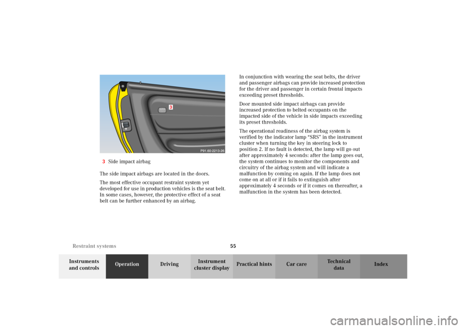 MERCEDES-BENZ SLK 230 KOMPRESSOR 2002 R170 Owners Guide 55 Restraint systems
Te ch n i c a l
data Instruments 
and controlsOperationDrivingInstrument 
cluster displayPractical hints Car care Index 3Side impact airbag
The side impact airbags are located in 