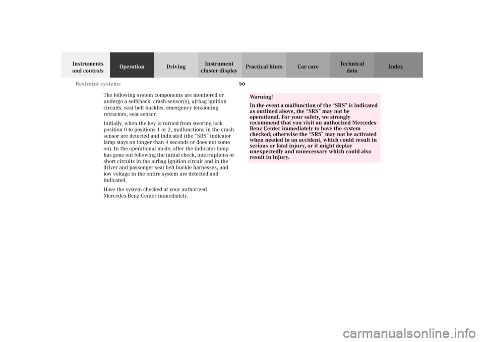 MERCEDES-BENZ SLK320 2002 R170 Owners Manual 56 Restraint systems
Te ch n i c a l
data Instruments 
and controlsOperationDrivingInstrument 
cluster displayPractical hints Car care Index
The following system components are monitored or 
undergo a