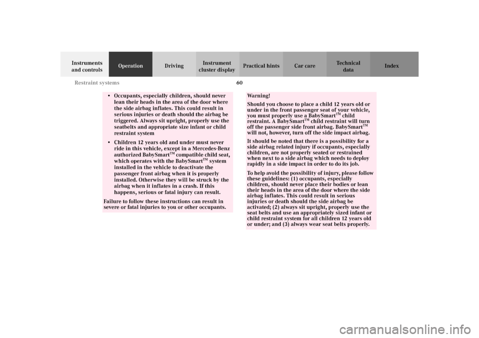 MERCEDES-BENZ SLK 230 KOMPRESSOR 2002 R170 Owners Manual 60 Restraint systems
Te ch n i c a l
data Instruments 
and controlsOperationDrivingInstrument 
cluster displayPractical hints Car care Index
• Occupants, especially children, should never 
lean thei