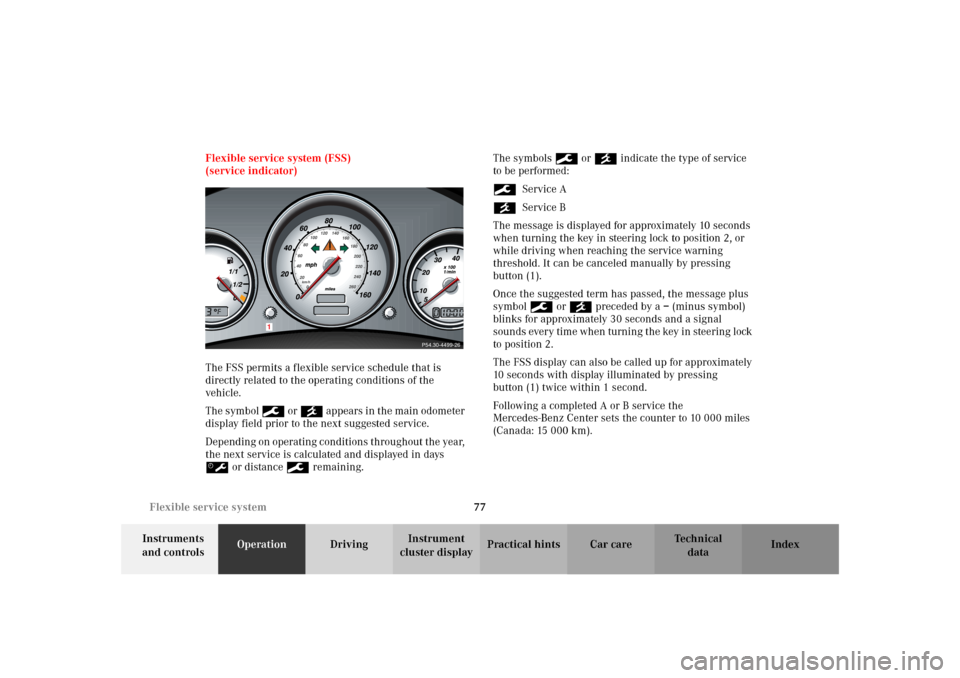 MERCEDES-BENZ SLK32AMG 2002 R170 Owners Manual 77 Flexible service system
Te ch n i c a l
data Instruments 
and controlsOperationDrivingInstrument 
cluster displayPractical hints Car care Index Flexible service system (FSS)
(service indicator)
The