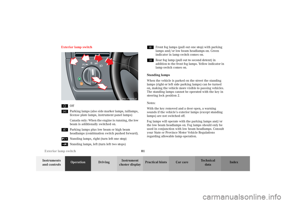 MERCEDES-BENZ SLK320 2002 R170 Manual Online 81 Exterior lamp switch
Te ch n i c a l
data Instruments
and controlsOperationDrivingInstrument
cluster displayPractical hints Car care Index Exterior lamp switch
DOff
CParking lamps (also side mark MERCEDES-BENZ SLK320 2002 R170 Manual Online 81 Exterior lamp switch
Te ch n i c a l
data Instruments
and controlsOperationDrivingInstrument
cluster displayPractical hints Car care Index Exterior lamp switch
DOff
CParking lamps (also side mark
