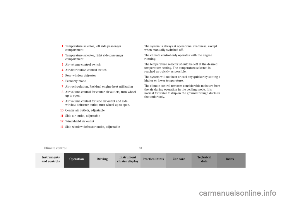 MERCEDES-BENZ SLK320 2002 R170 Owners Manual 87 Climate control
Te ch n i c a l
data Instruments 
and controlsOperationDrivingInstrument 
cluster displayPractical hints Car care Index 1Temperature selector, left side passenger 
compartment
2Temp