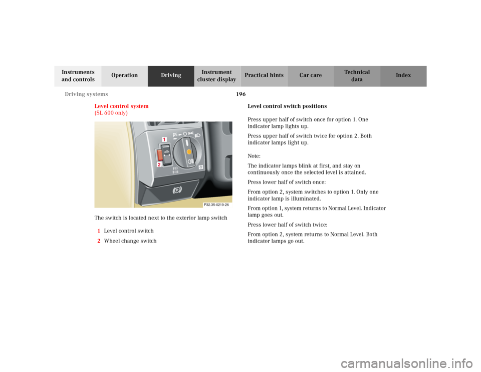 MERCEDES-BENZ SL600 2002 R129 Owners Manual 196 Driving systems
Te ch n ica l
data Instruments
and controlsOperationDrivingInstrument
cluster displayPractical hints Car care Index
Level control system
(SL 600 only)
The switch is located next MERCEDES-BENZ SL600 2002 R129 Owners Manual 196 Driving systems
Te ch n ica l
data Instruments
and controlsOperationDrivingInstrument
cluster displayPractical hints Car care Index
Level control system
(SL 600 only)
The switch is located next