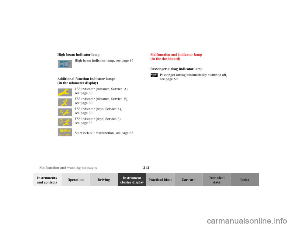 MERCEDES-BENZ SL500 2002 R129 User Guide 213 Malfunction and warning messages
Te ch n ica l
data Instruments 
and controlsOperation DrivingInstrument 
cluster displayPractical hints Car care Index High beam indicator lamp
High beam indicator